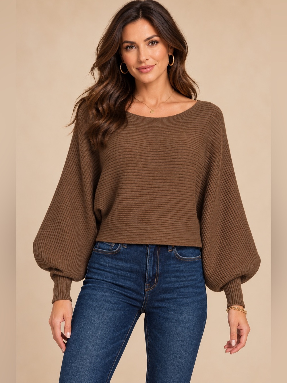 Brown Ribbed Boat Neck Balloon-Sleeve Sweater